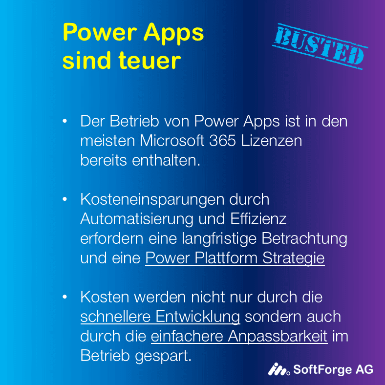 Der Betrieb von Power Apps ist in den meisten Microsoft 365 Lizenzen bereits enthalten. Kosteneinsparungen durch Automatisierung und Effizienz erfordern eine langfristige Betrachtung und eine Power Plattform Strategie. Kosten werden nicht nur durch die schnellere Entwicklung sondern auch durch die einfachere Anpassbarkeit im Betrieb gespart.